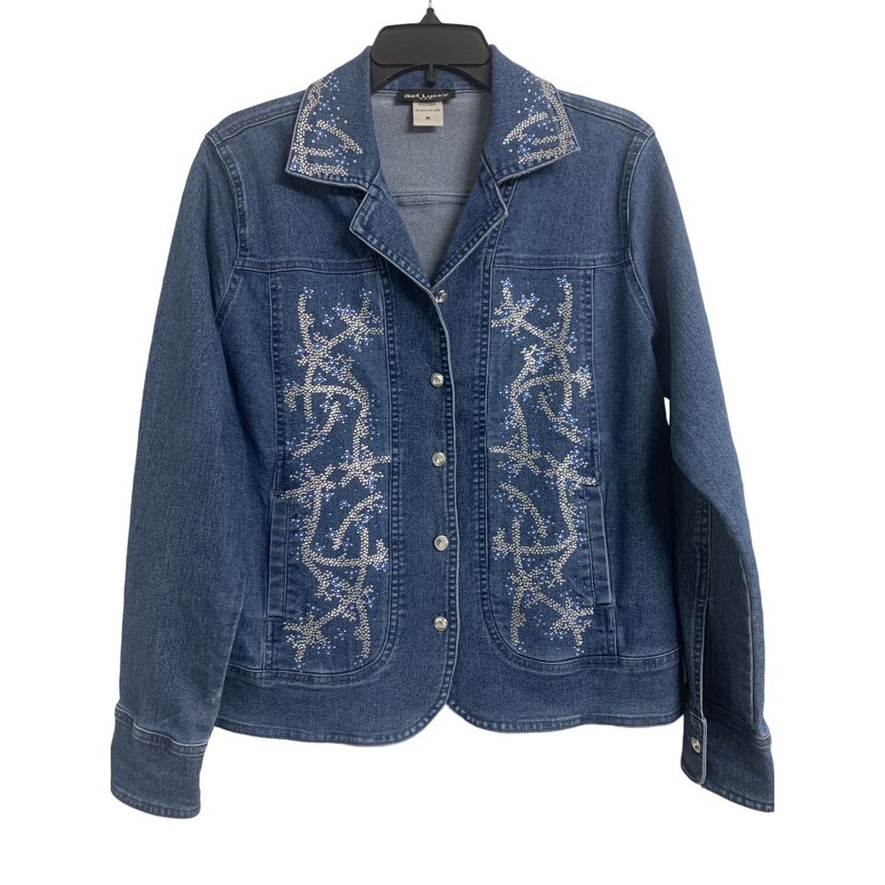 Get Lucky USA Crystal‎ Embellished Stretch Denim Jean Jacket Size M